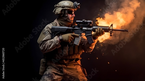 Military soldier dressed in uniform with rifle against flame fire, black background. Generation AI.