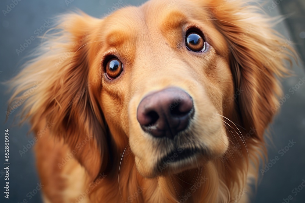 a golden retriever looking up with curious eyes