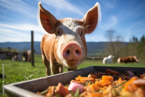 close-up of a pig eating from a full trough
