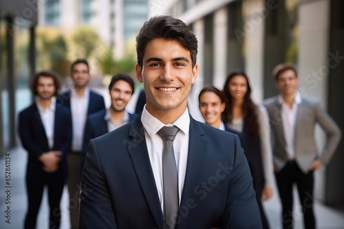 Young smiling businessman standing in front of team, smiling at camera.