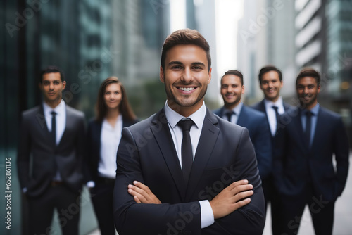 Young smiling businessman standing in front of team, smiling at camera. photo