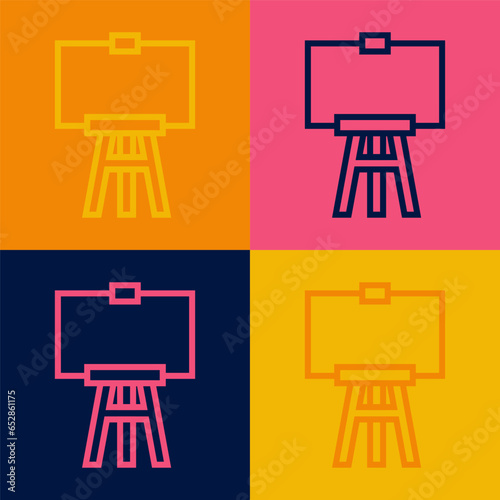 Pop art line Wood easel or painting art boards icon isolated on color background. Vector