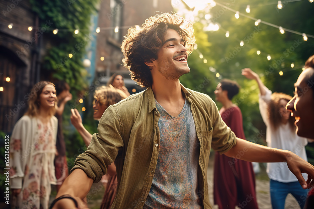 Fototapeta premium Young man dancing at outdoor party surrounded by friends