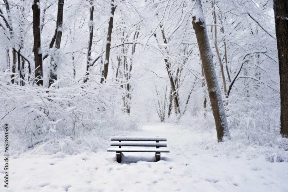 isolated bench in snow-covered woodland scene