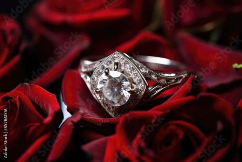silver engagement ring resting on red rose petals