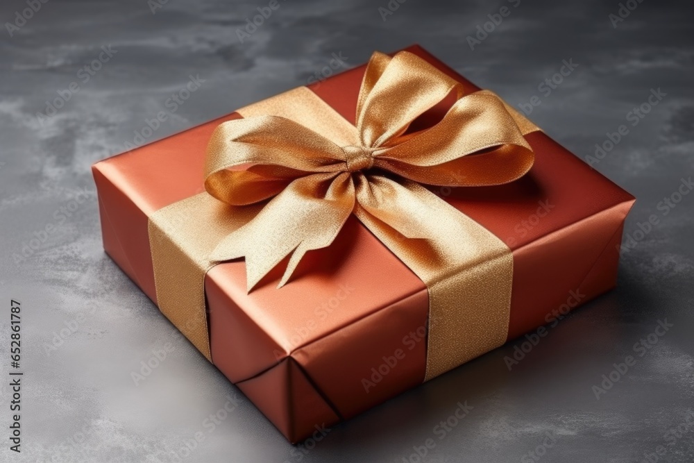 rectangular gift box with minimalistic wrap decor on a gray surface