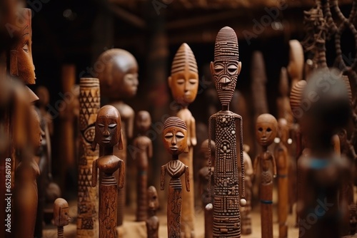 traditional african artwork, like wooden sculptures, placed near a kinara