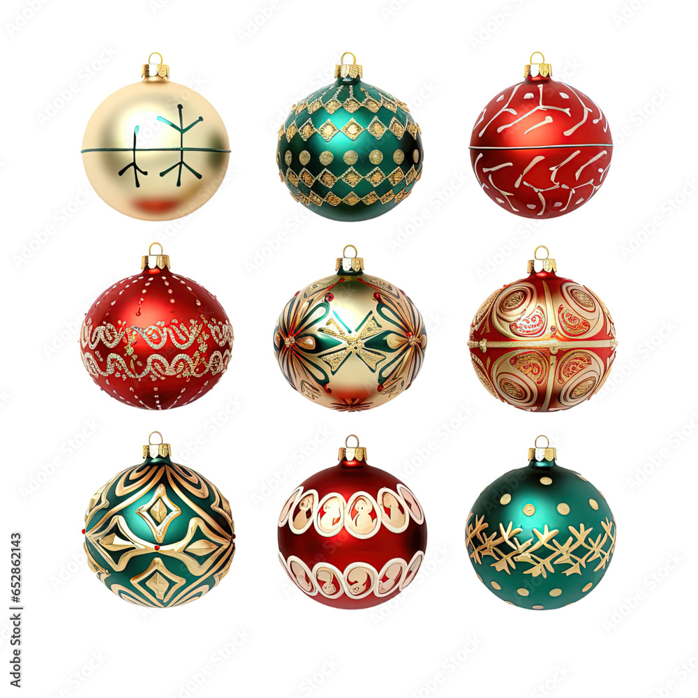 Several different Christmas ornaments isolated on a white background