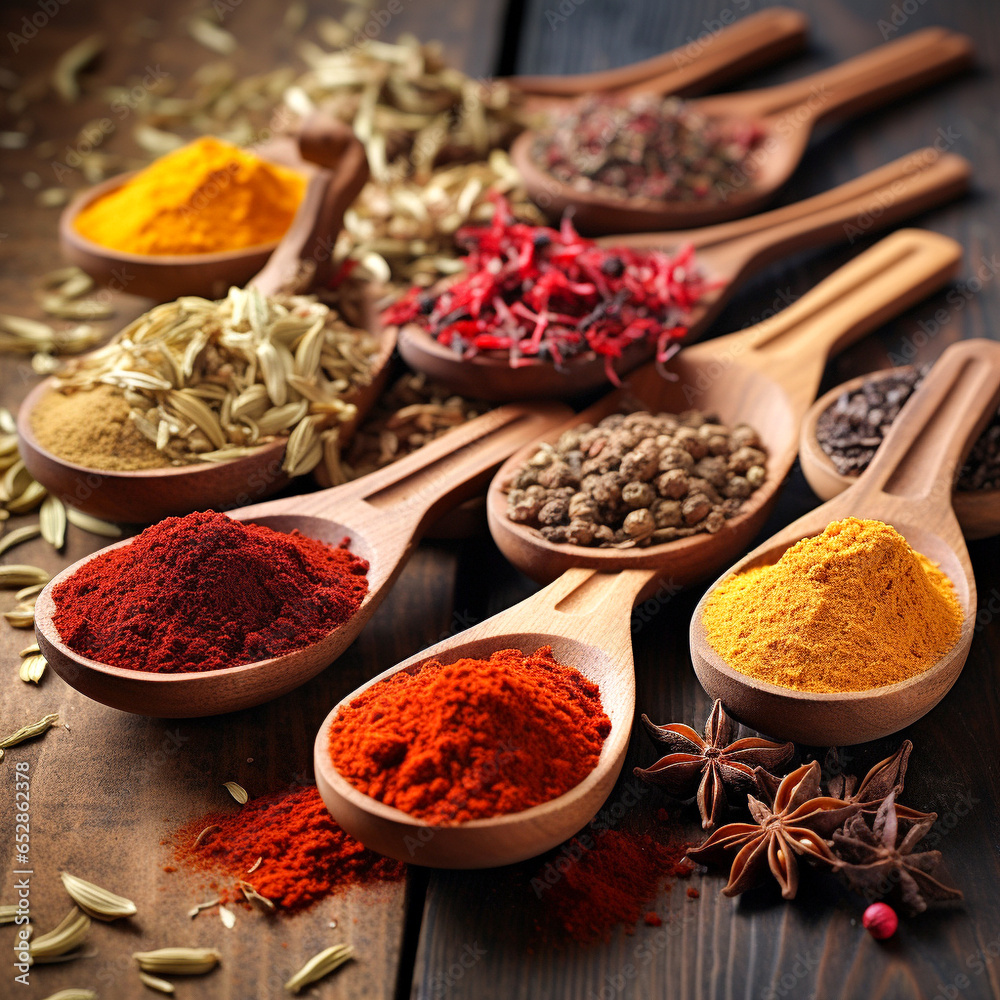 Various spices displayed in wooden spoons