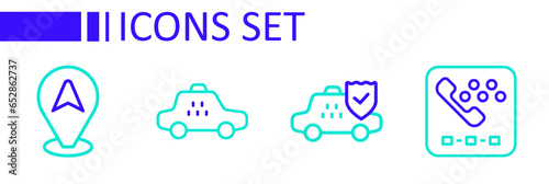 Set line Taxi call telephone service, car insurance, and Location taxi icon. Vector