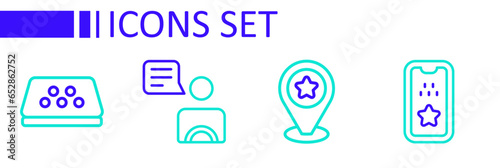 Set line Taxi mobile app, Location with star, driver and car roof icon. Vector