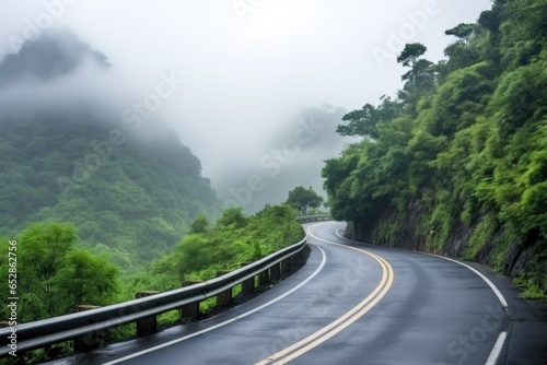 curvy mountain road surrounded by thick fog