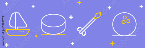 Set line Bowling ball, Medieval arrows, Hockey puck and Yacht sailboat icon. Vector
