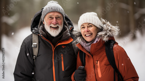 happy pensioners outdoors in nature in winter
