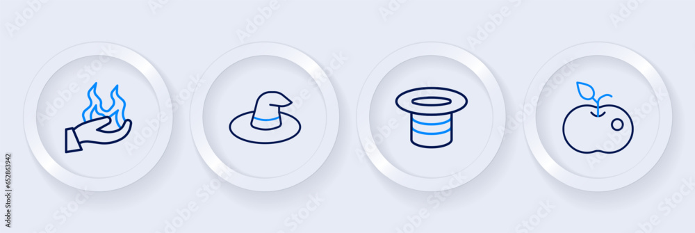 Set line Poison apple, Magic hat, Witch and Hand holding fire icon. Vector Set line Poison apple, Magic hat, Witch and Hand holding fire icon. Vector
