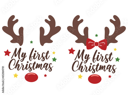 My first Christmas vector illustration with cute deer face. Kids Christmas design isolated good for Xmas greetings cards, poster, print, sticker, invitations, baby t-shirt, mug, gifts.