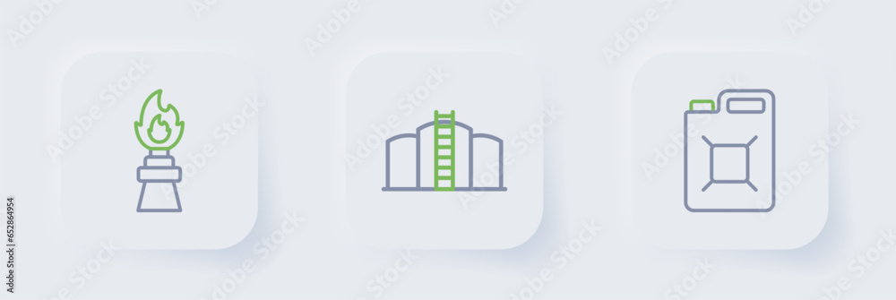 Set line Canister for gasoline, Oil tank storage and rig with fire icon. Vector Set line Canister for gasoline, Oil tank storage and rig with fire icon. Vector