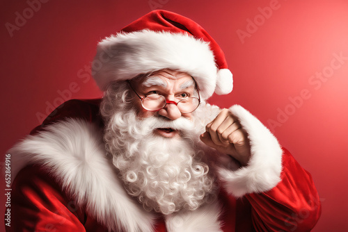 Portrait of Santa Claus on red background. Generative AI 