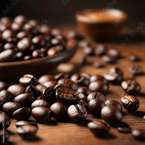 Roasted coffe beans on classic pottery for background and texture, advertise, Fresh Aromatic.