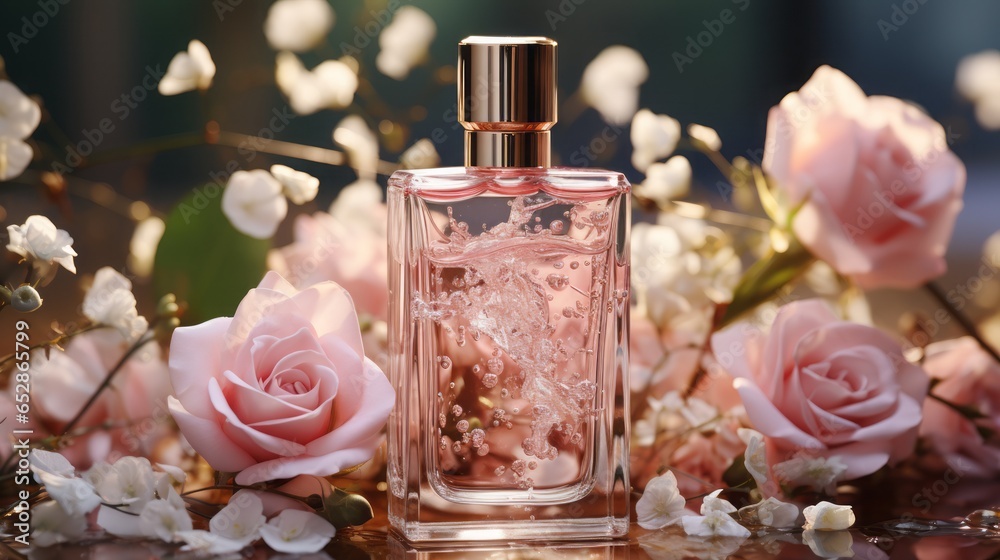 A transparent perfume bottle with half a bottle of pink perfume, A transparent perfume bottle with half a bottle of pink perfume,