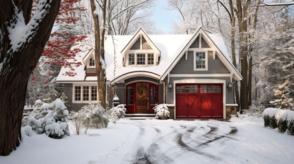 a cozy house with a garage in winter with lots of snow