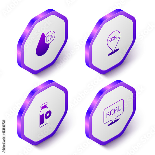 Set Isometric Water balance, Kcal, Lactose intolerance and icon. Purple hexagon button. Vector