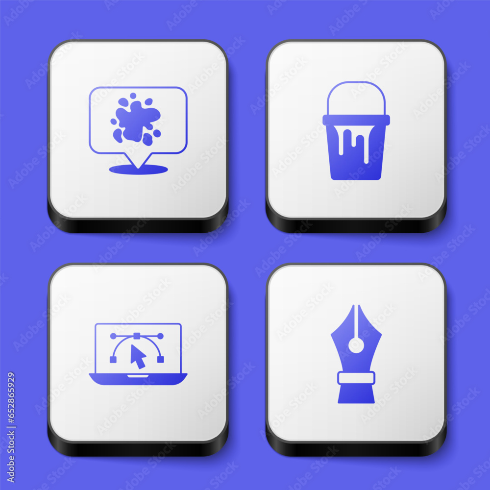 Set Paint spray, bucket, Computer with design program and Fountain pen nib icon. White square button. Vector Set Paint spray, bucket, Computer with design program and Fountain pen nib icon. White square button. Vector
