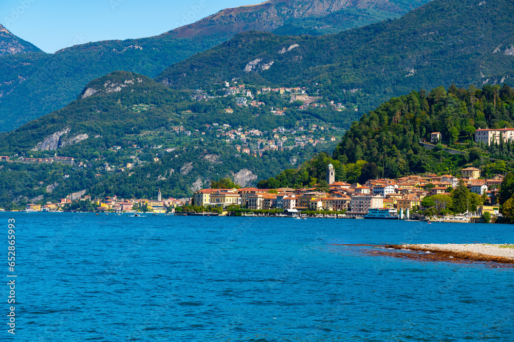 The town of Bellagio, and in the background the town of Varenna, on Lake Como.

