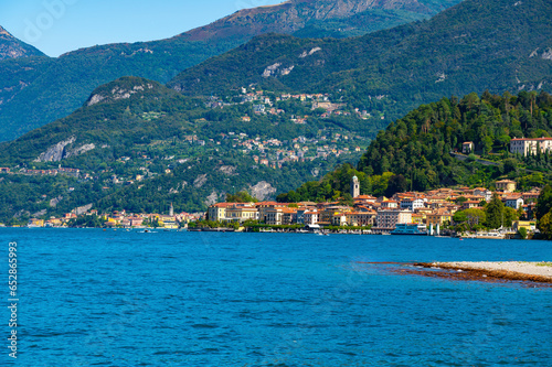 The town of Bellagio, and in the background the town of Varenna, on Lake Como. 