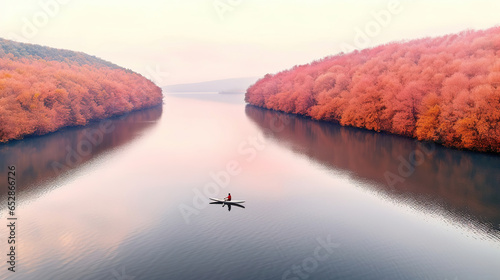 Fényképezés Person rowing on a calm lake in autumn, aerial view only small boat visible with serene water around - vertical banner with copy space for text down
