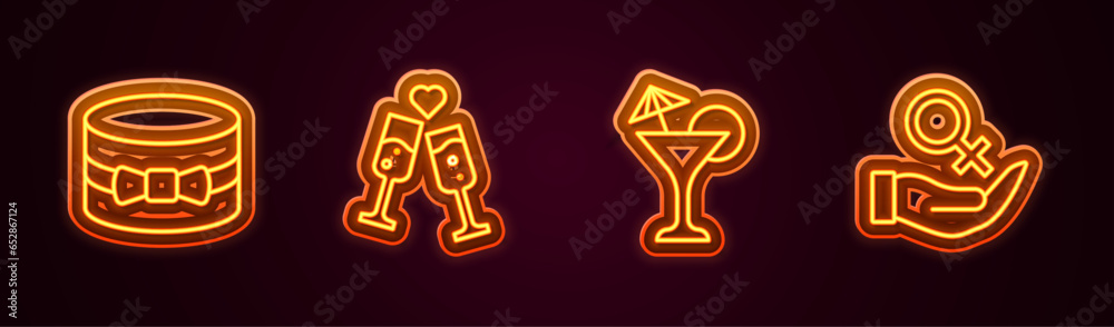 Set line Gift box and heart, Glass of champagne, Martini glass and Female gender symbol. Glowing neon icon. Vector Set line Gift box and heart, Glass of champagne, Martini glass and Female gender symbol. Glowing neon icon. Vector