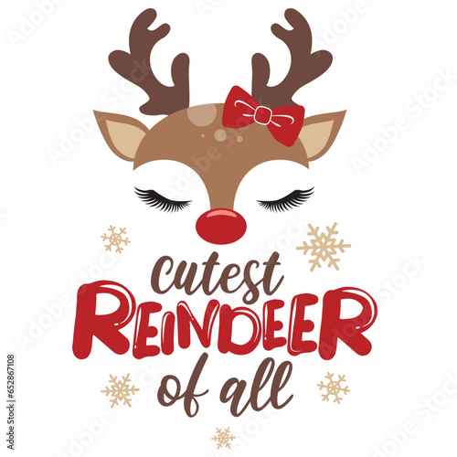 Cutest reindeer of all vector illustration with cute deer face. Kids Christmas design isolated good for Xmas greetings cards, poster, print, sticker, invitations, baby t-shirt, mug, gifts.