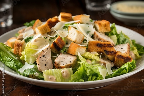 Healthy mix of lettuce, tender grilled chicken, crunchy croutons, parmesan cheese, and tangy caesar dressing in a tasty salad. Generative AI