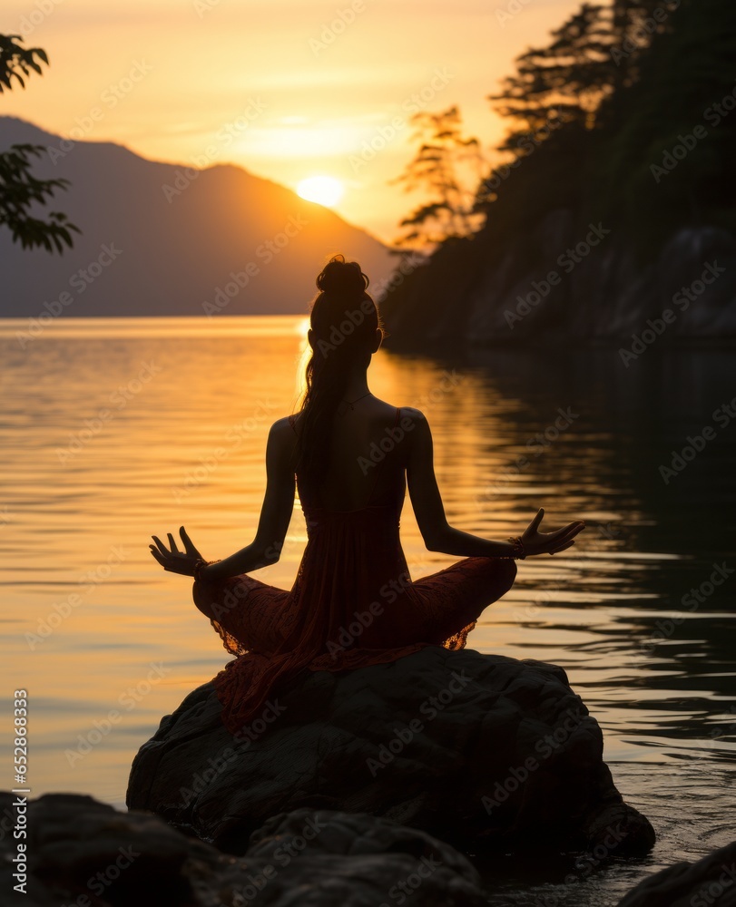 Asia, a woman doing yoga at sunset, a silhouette of a woman,