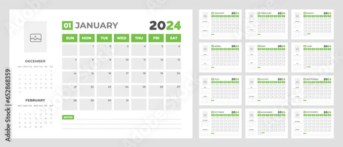 2024 Calendar Desktop Planner Template. Corporate business wall or desk simple Planner calendar with week start Sunday. Set of 2024 Calendar Planner Template with Place for Photo and Company Logo.