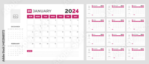 2024 Calendar Desktop Planner Template. Corporate business wall or desk simple Planner calendar with week start Sunday.  Set of 2024 Calendar Planner Template with Place for Photo and Company Logo.