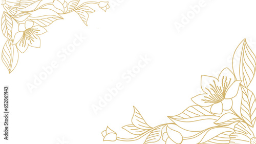 Gold frame. Plants line gold. Luxurious golden nature. Flowers in a thin line. Light pastel colors.