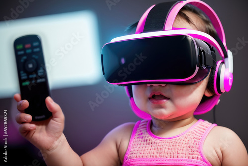 kid in a virtual reality helmet holding a remote control. generative ai © i-element