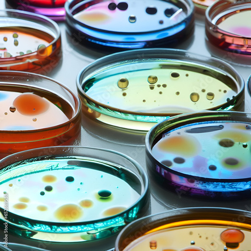 Close-Up, Colorful Drops in Petri Dishes in Science Medical Lab for Mold Fungi Explosion, Bacteria, Tissue and Blood Samples, Culture Type Testing, Coronavirus Serum Research, Pharmaceutical Research