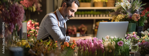 Portrait of senior man entrepreneur sitting in own flower shop, working on laptop. © MP Studio