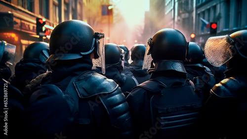 Back turned view team riot police managing a fierce demonstration, Generative AI