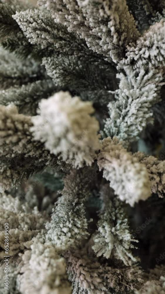 branches of a Christmas tree with artificial snow. close-up vertical video branches of a Christmas tree with artificial snow. close-up vertical video