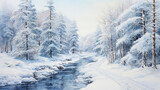 Creative illustration of a winter landscape with a river in the middle