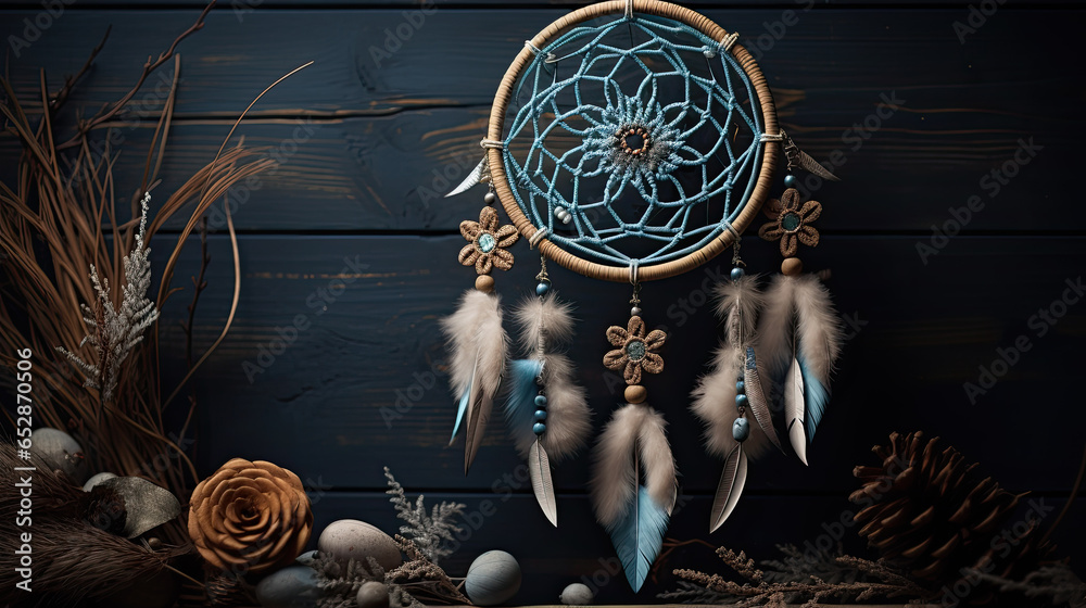 Dream catcher with feathers on wooden background - obrazy, fototapety, plakaty 