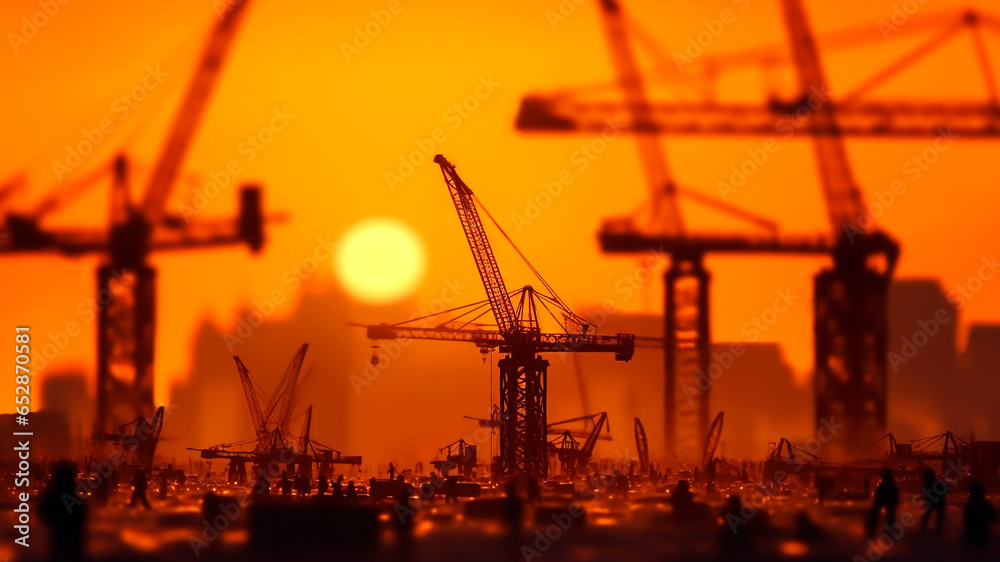 Silhouette construction cranes against backdrop of orange sunset, Generative AI