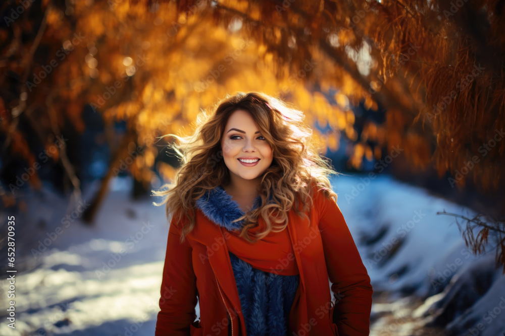Happy beautiful plus size model in warm winter clothes outdoors, portrait of a cute chubby woman on a background of yellow leaves in the park Happy beautiful plus size model in warm winter clothes outdoors, portrait of a cute chubby woman on a background of yellow leaves in the park