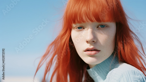 Junge Frau mit roten Haaren, minimalen natürlichem Make-up, blauen Augen und hellem Teint mit Sommersprossen, isoliert vor blauem Himmel photo
