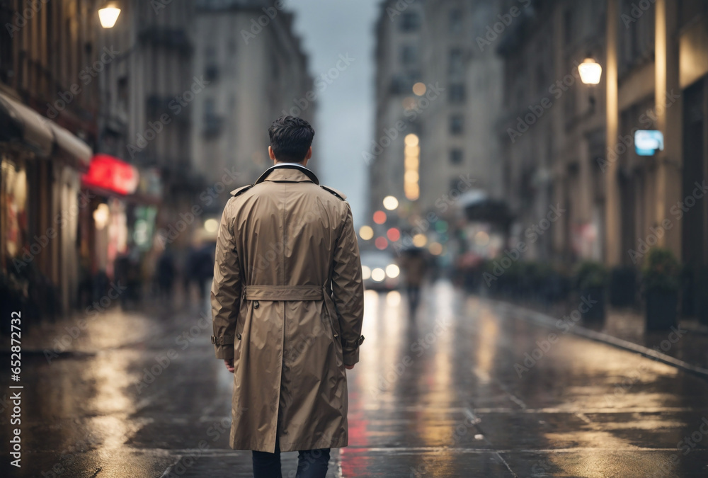 Man in trench coat walking in the city Man in trench coat walking in the city