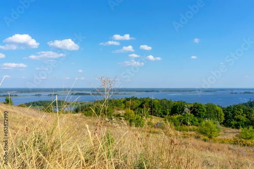 Landscape of Dnieper river on sunny day near Vytachiv, Ukraine 