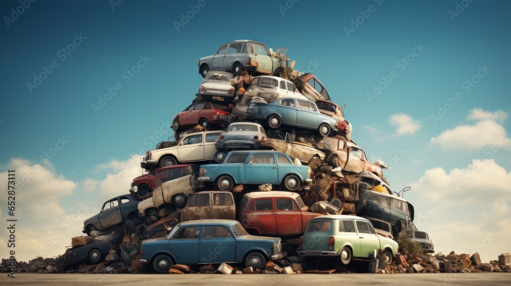Collect cars and wait for the disposal of junk cars and other things that have piled up in piles. - obrazy, fototapety, plakaty 